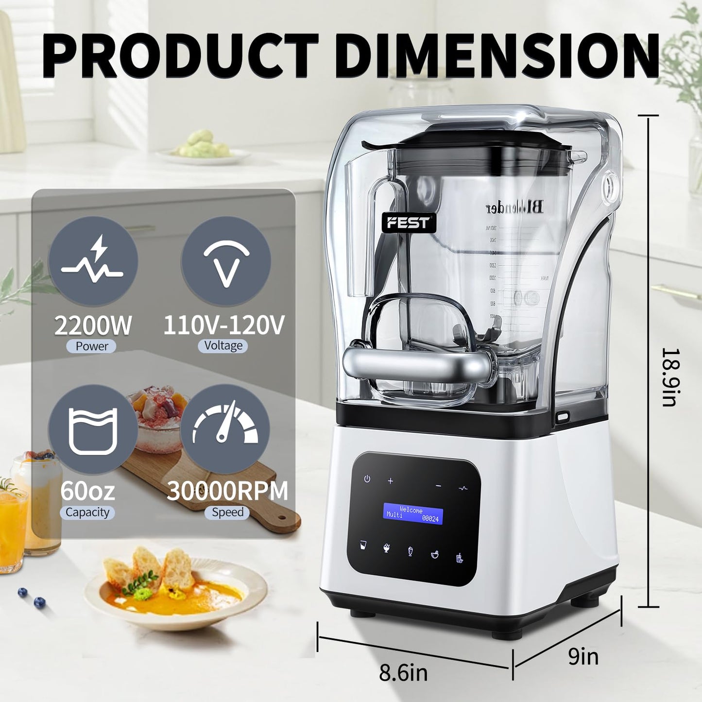2200W commercial blender, 60oz pitcher, 9 speeds, timer, presets, quiet shield for smoothies and juices