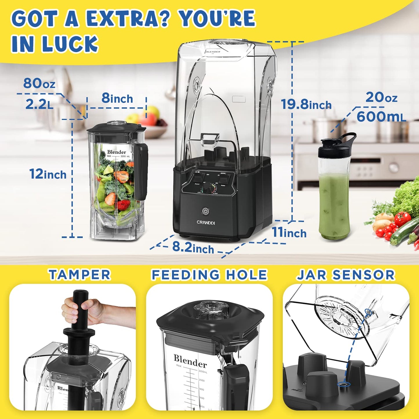 CRANDDI 2200W quiet blender, 80oz pitcher, soundproof shield, self-cleaning, K90 grey