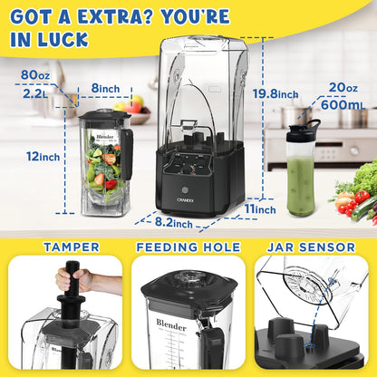 CRANDDI 2200W quiet blender, 80oz pitcher, soundproof shield, self-cleaning, K90 grey