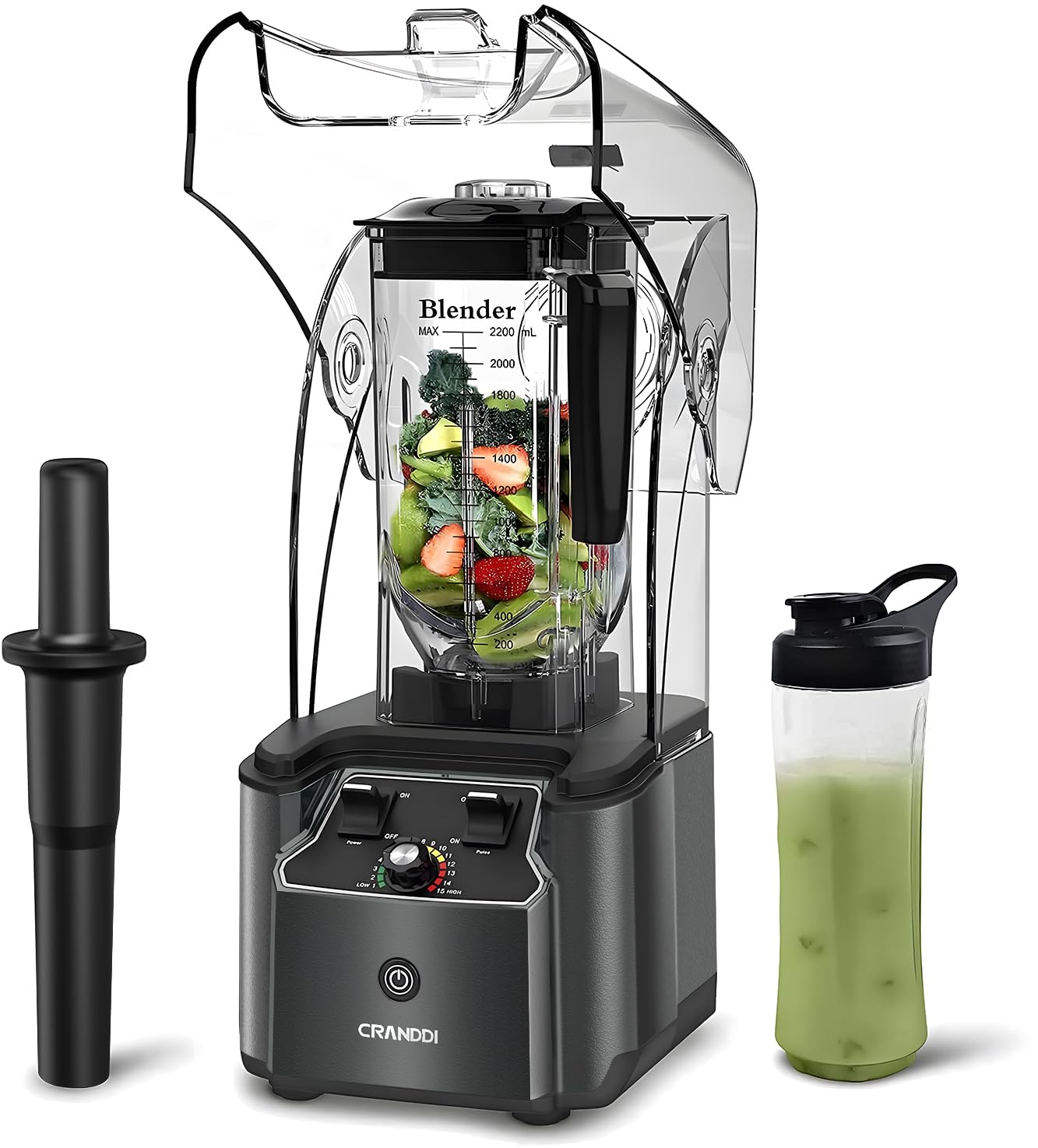 CRANDDI 2200W quiet blender, 80oz pitcher, soundproof shield, self-cleaning, K90 grey