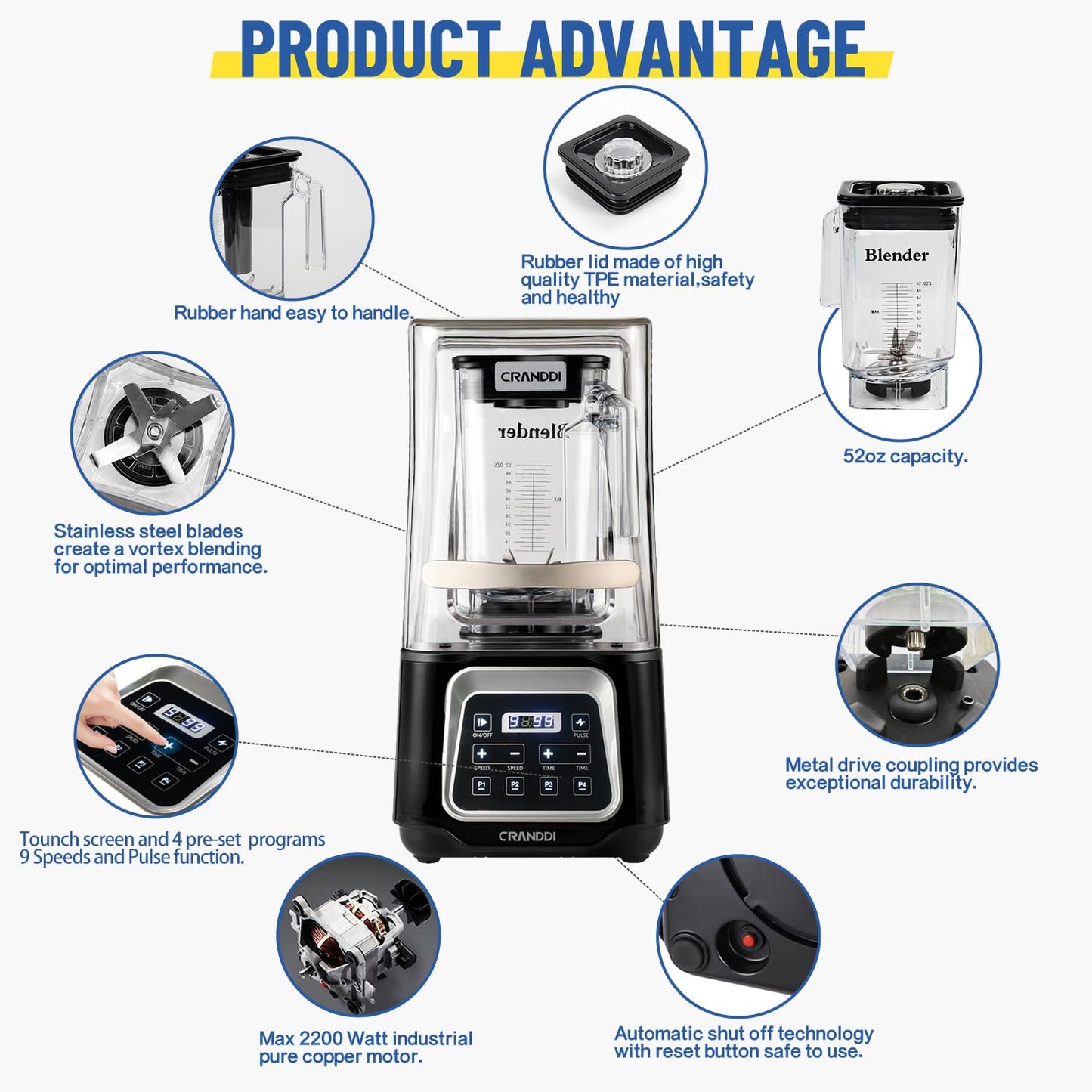 CRANDDI 2200W blender with touchscreen, 52oz jar, presets, quiet design, K80TS black