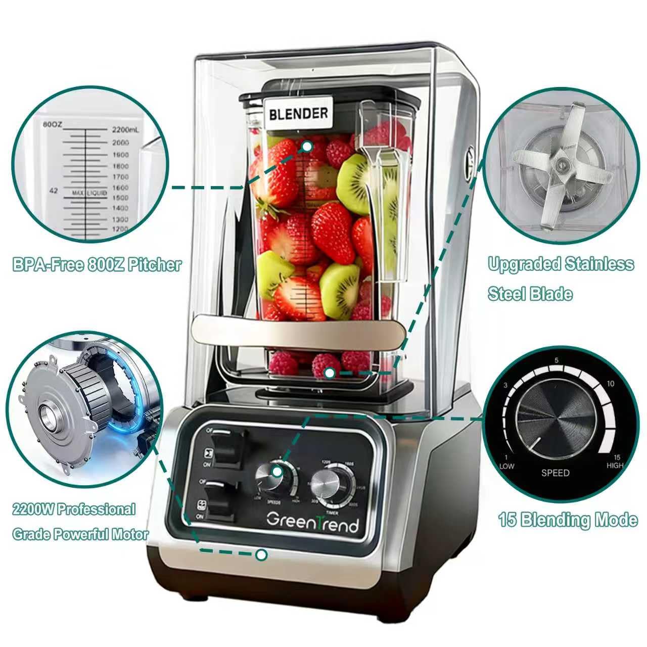 2200W commercial blender with sound enclosure, high-speed, self-cleaning, heavy-duty for smoothies and ice