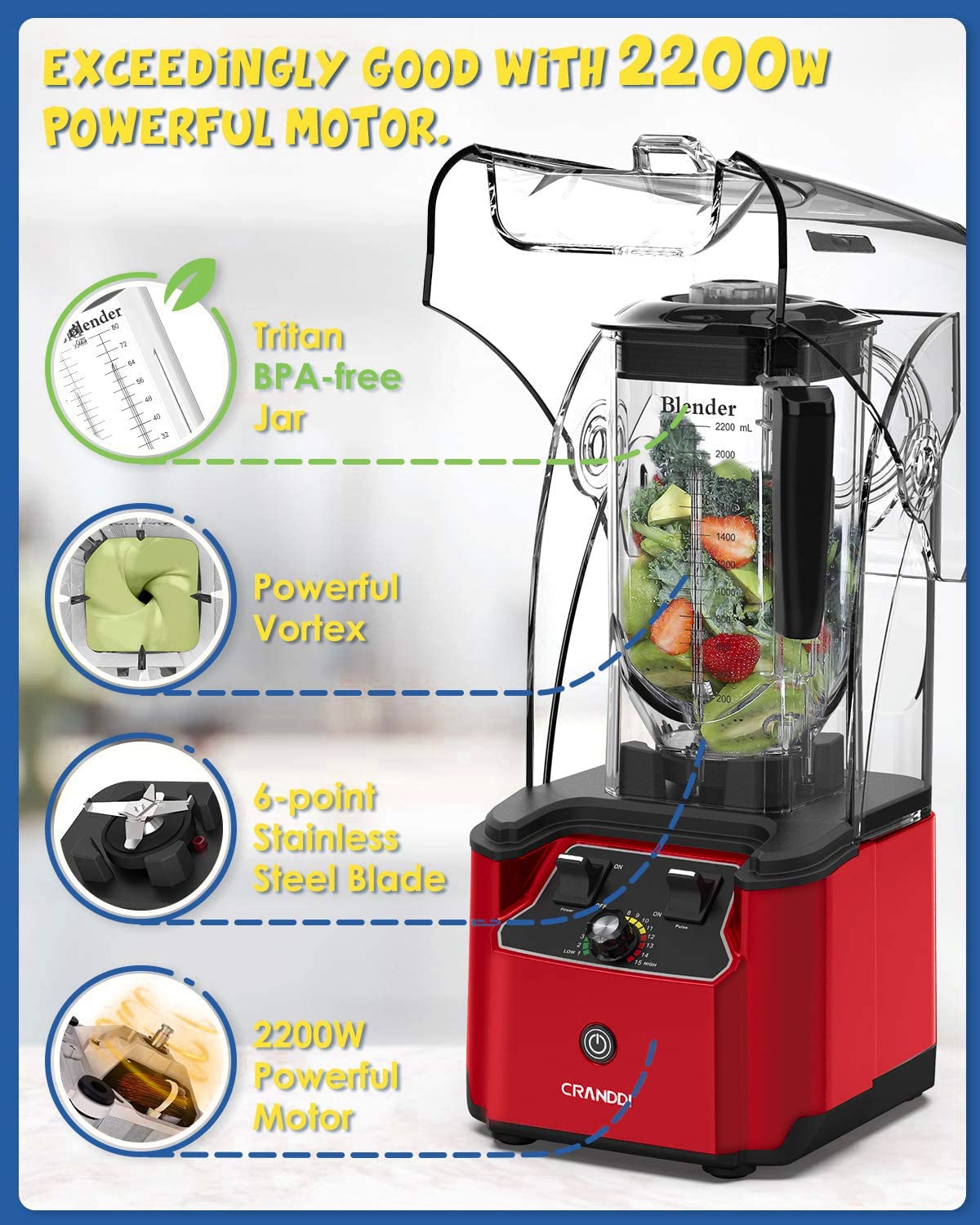 CRANDDI 2200W quiet commercial blender, 80oz pitcher, soundproof shield, self-cleaning, K90 red