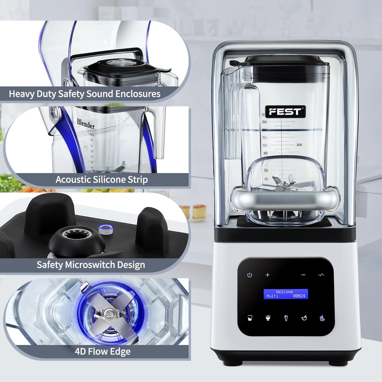 2200W commercial blender, 60oz pitcher, 9 speeds, timer, presets, quiet shield for smoothies and juices