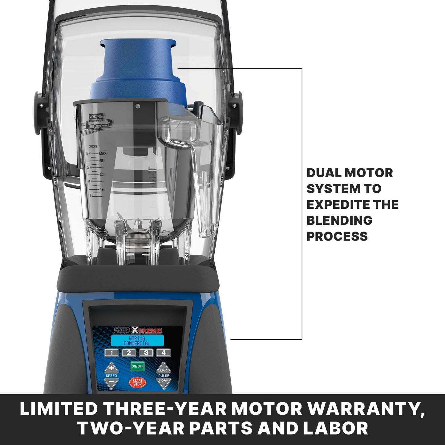 Waring 3.5HP commercial blender, 32oz container, LCD display, programmable with sound enclosure
