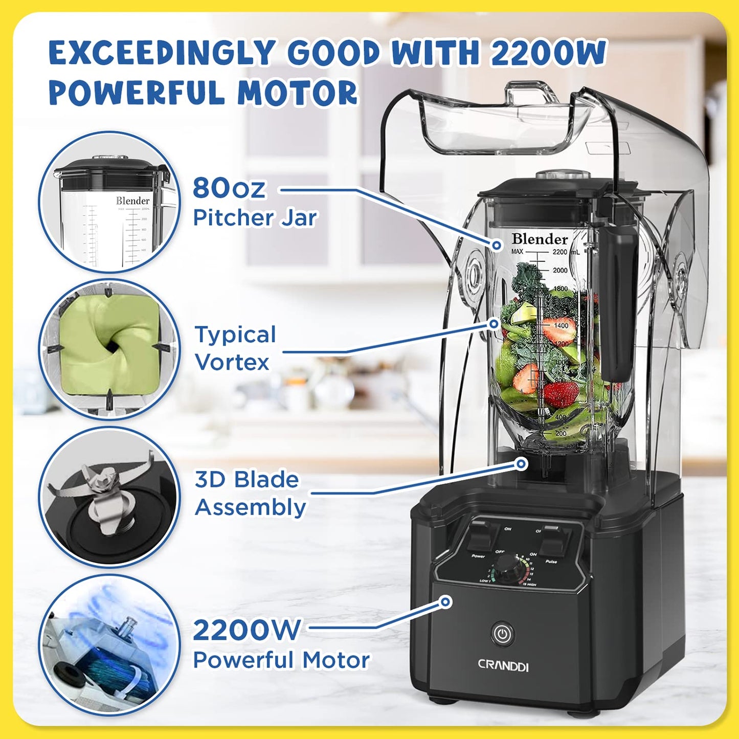CRANDDI 2200W quiet blender, 80oz pitcher, soundproof shield, self-cleaning, K90 grey