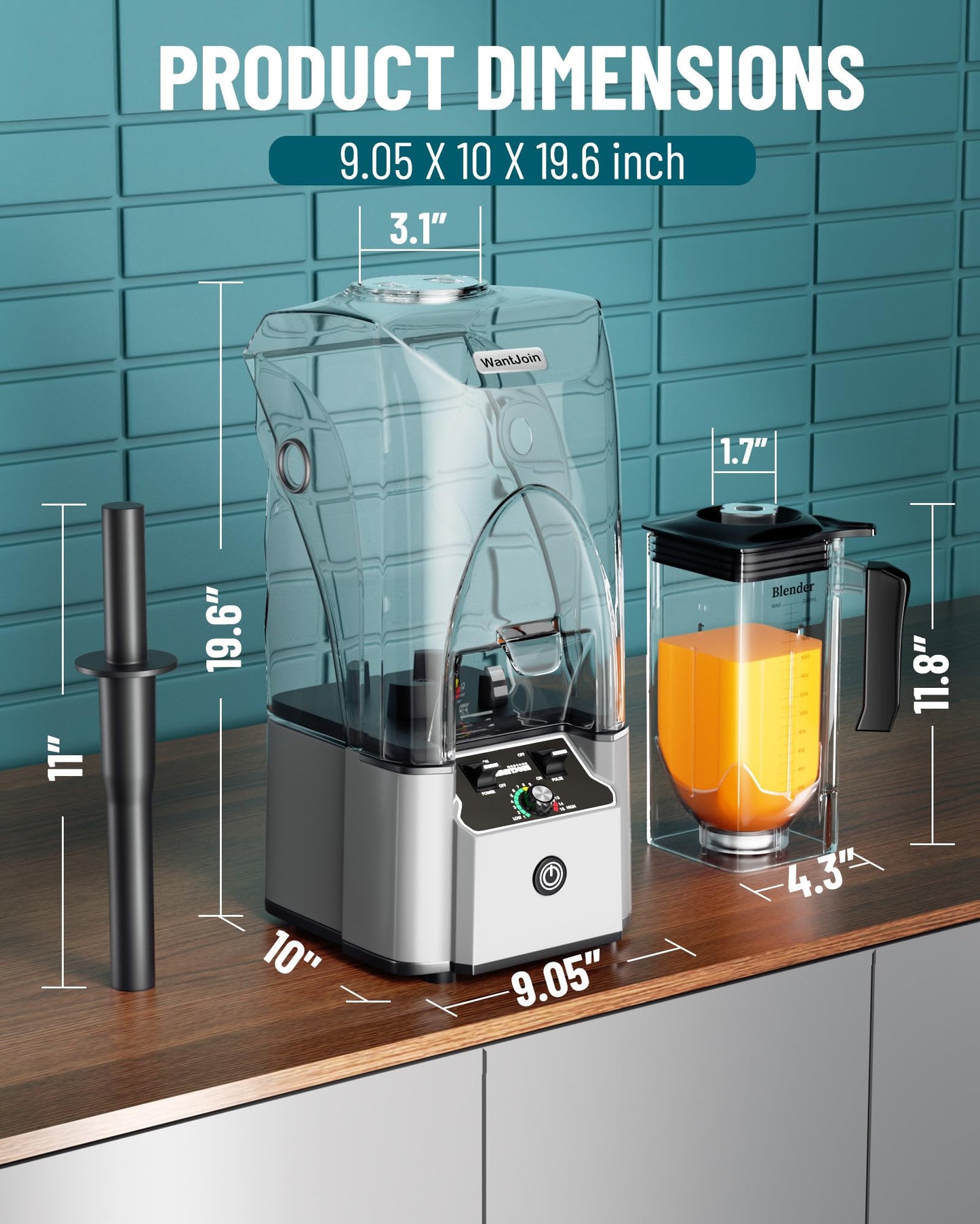 WantJoin 2200W commercial blender, sound enclosure, quiet, self-cleaning, silver