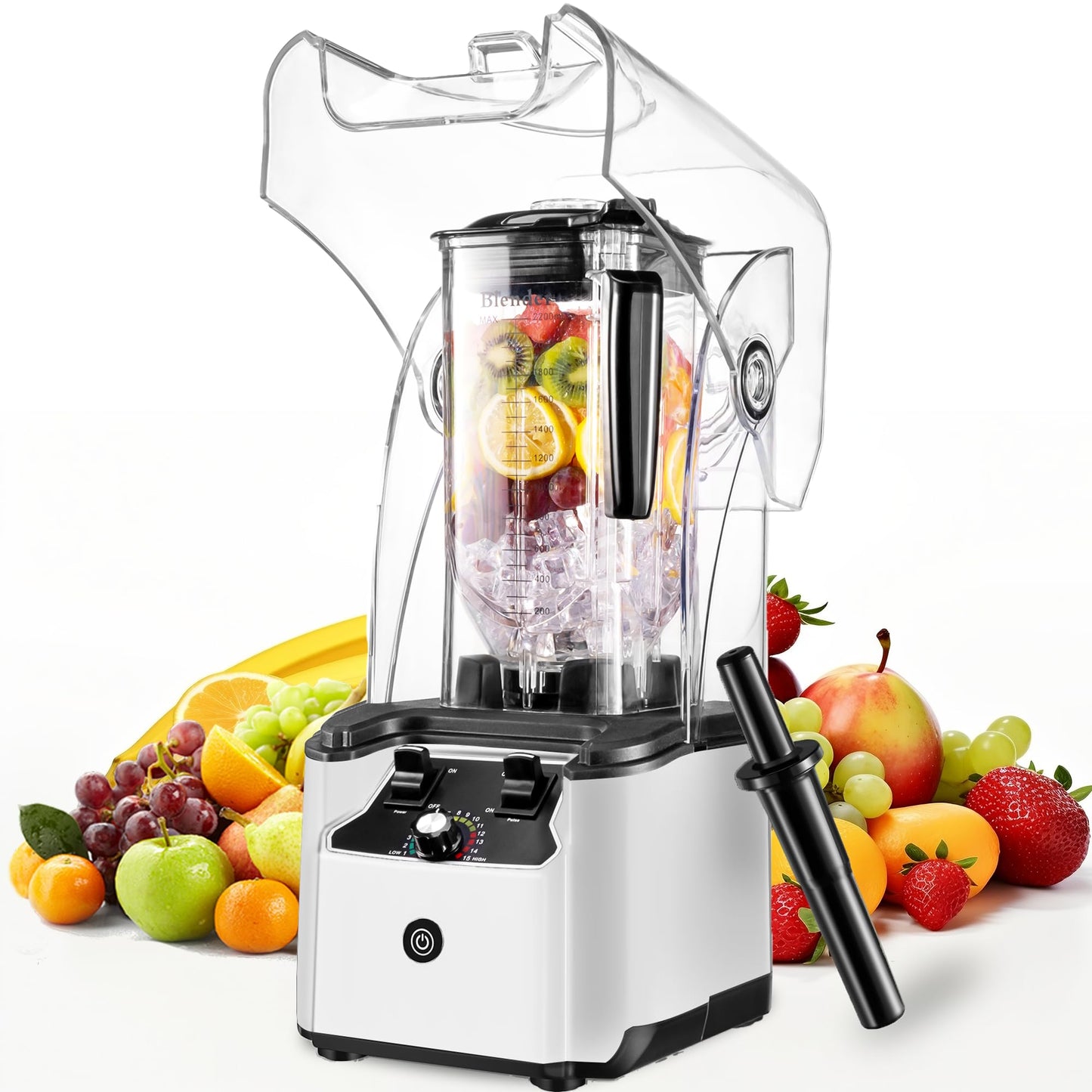 Commercial blender with quiet shield, 2.5HP motor, 80oz pitcher, 15 speeds, self-cleaning, white