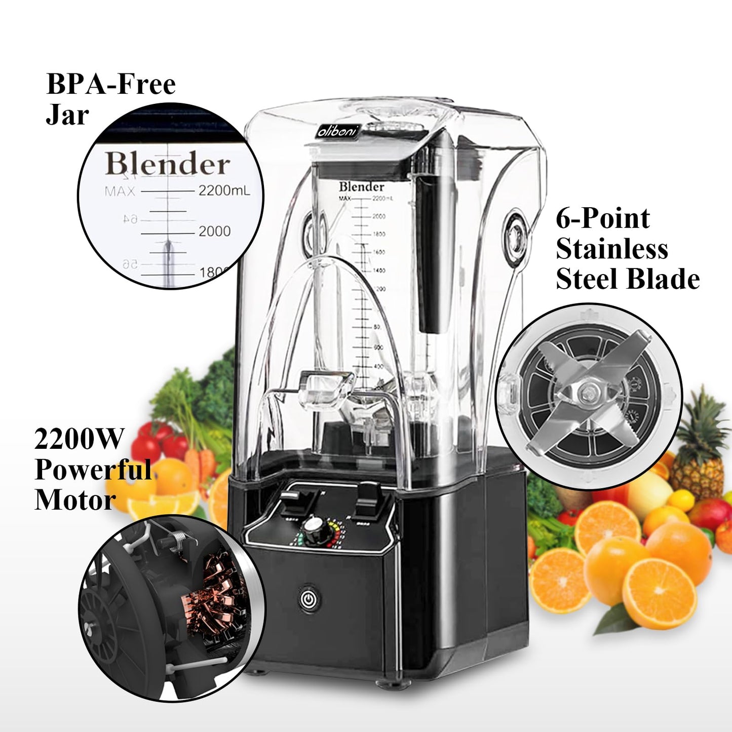 2200W commercial blender, 2.2L jar, 15 speeds, stainless steel blades, heavy-duty for smoothies and ice