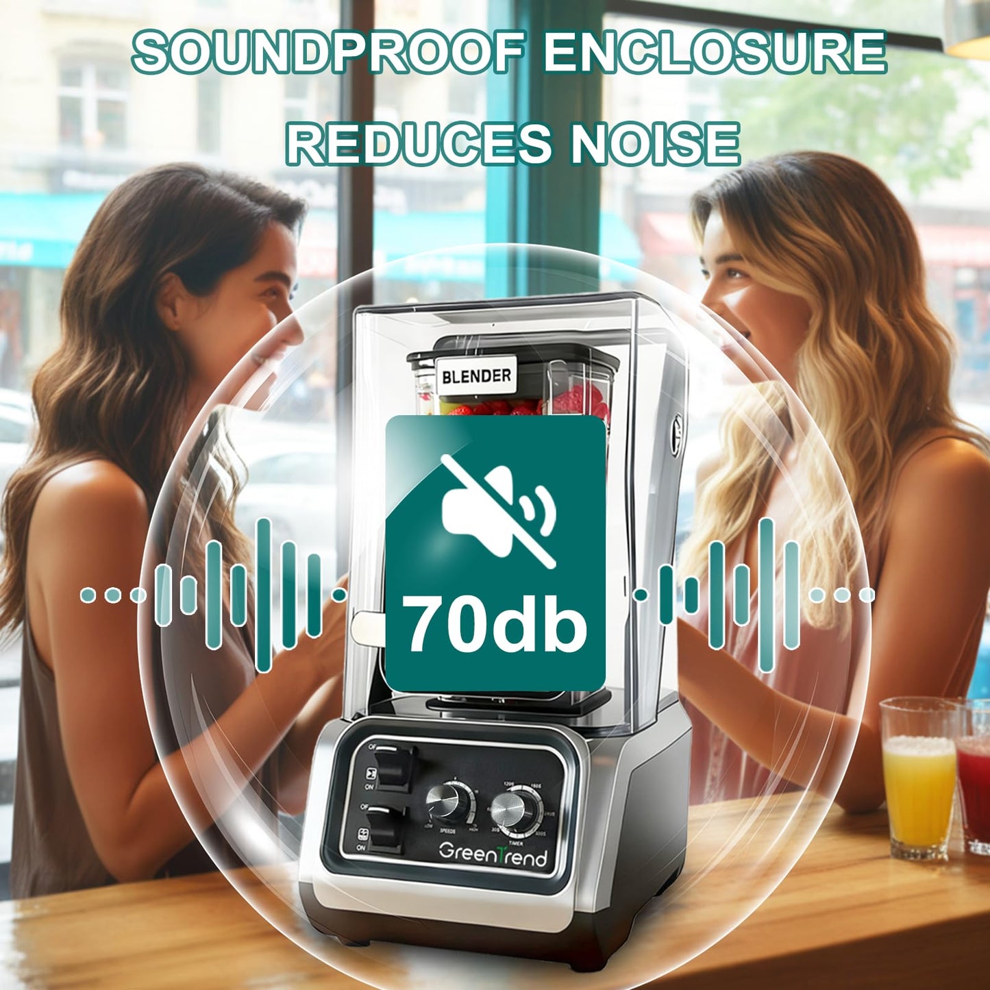 2200W commercial blender with sound enclosure, high-speed, self-cleaning, heavy-duty for smoothies and ice