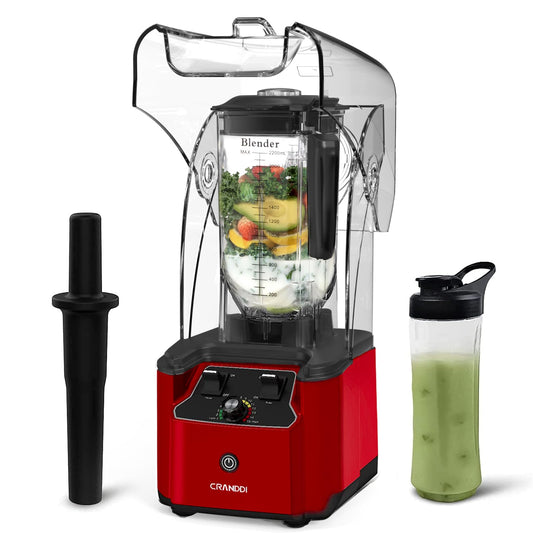 CRANDDI 2200W quiet commercial blender, 80oz pitcher, soundproof shield, self-cleaning, K90 red