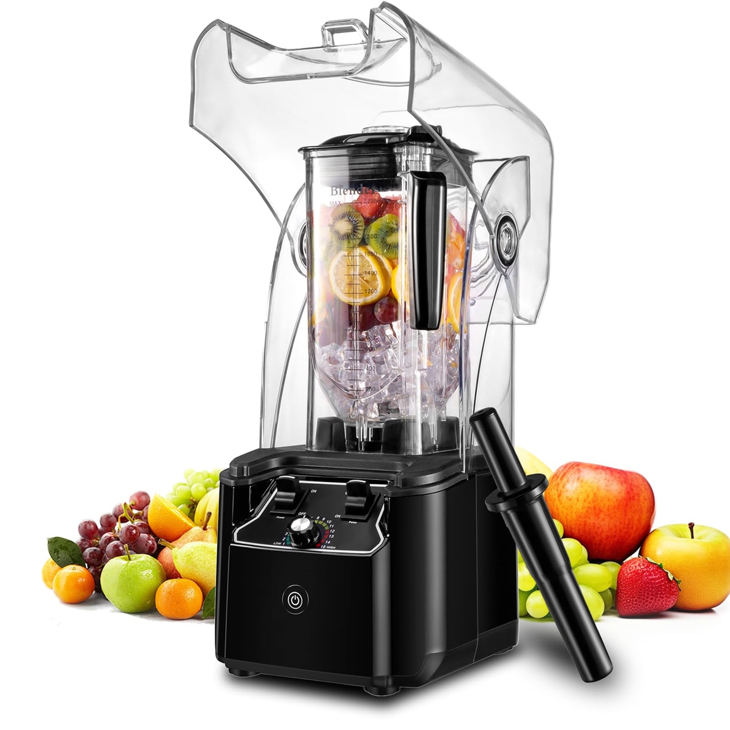 Commercial blender with quiet shield, 2.5HP motor, 80oz pitcher, 15 speeds, self-cleaning, black