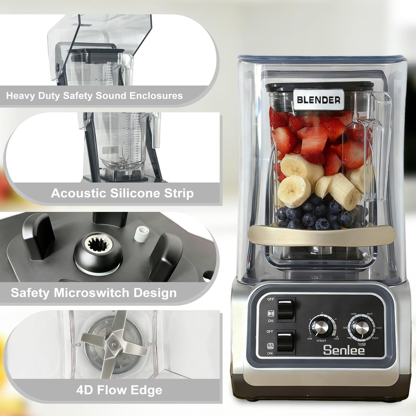 2200W commercial blender, 80oz BPA-free pitcher, quiet shield, self-cleaning for shakes and smoothies