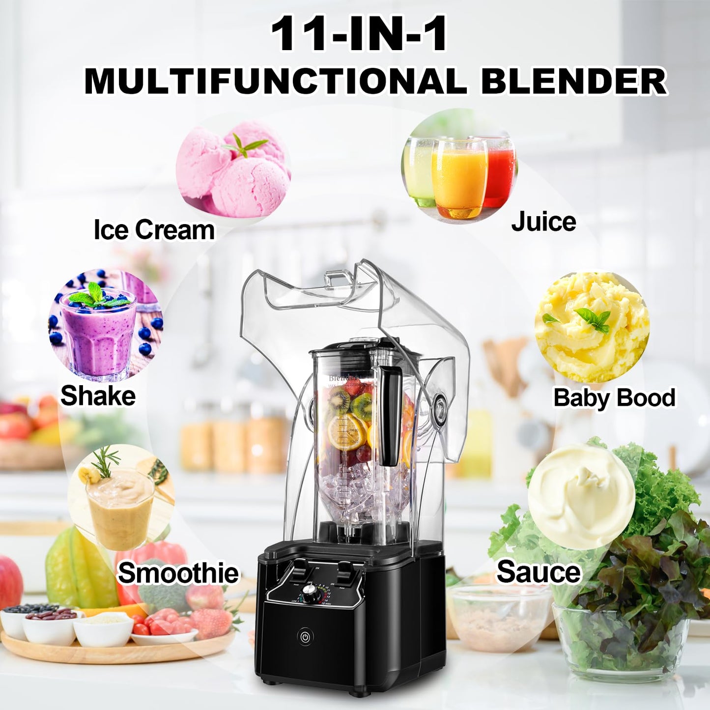 Commercial blender with quiet shield, 2.5HP motor, 80oz pitcher, 15 speeds, self-cleaning, black