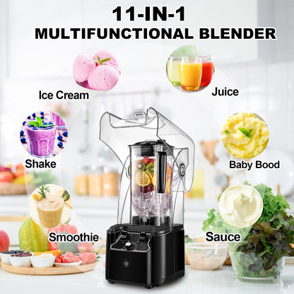 Commercial blender with quiet shield, 2.5HP motor, 80oz pitcher, 15 speeds, self-cleaning, black