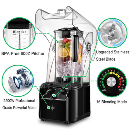 Commercial blender with quiet shield, 2.5HP motor, 80oz pitcher, 15 speeds, self-cleaning, black
