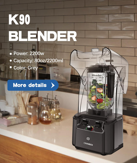 CRANDDI 2200W quiet blender, 80oz pitcher, soundproof shield, self-cleaning, K90 grey