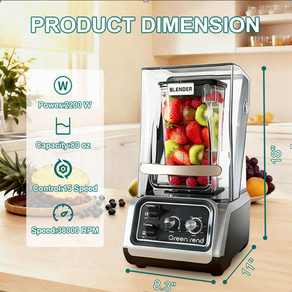 2200W commercial blender with sound enclosure, high-speed, self-cleaning, heavy-duty for smoothies and ice