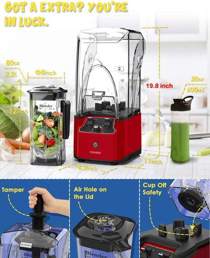 CRANDDI 2200W quiet commercial blender, 80oz pitcher, soundproof shield, self-cleaning, K90 red