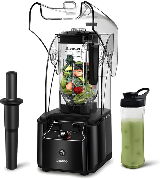 CRANDDI 2200W quiet blender, 80oz jar, soundproof shield, self-cleaning, K90 black