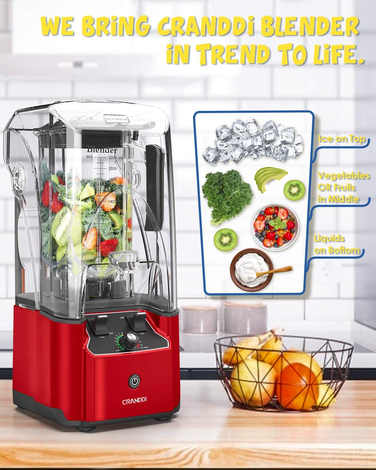 CRANDDI 2200W quiet commercial blender, 80oz pitcher, soundproof shield, self-cleaning, K90 red