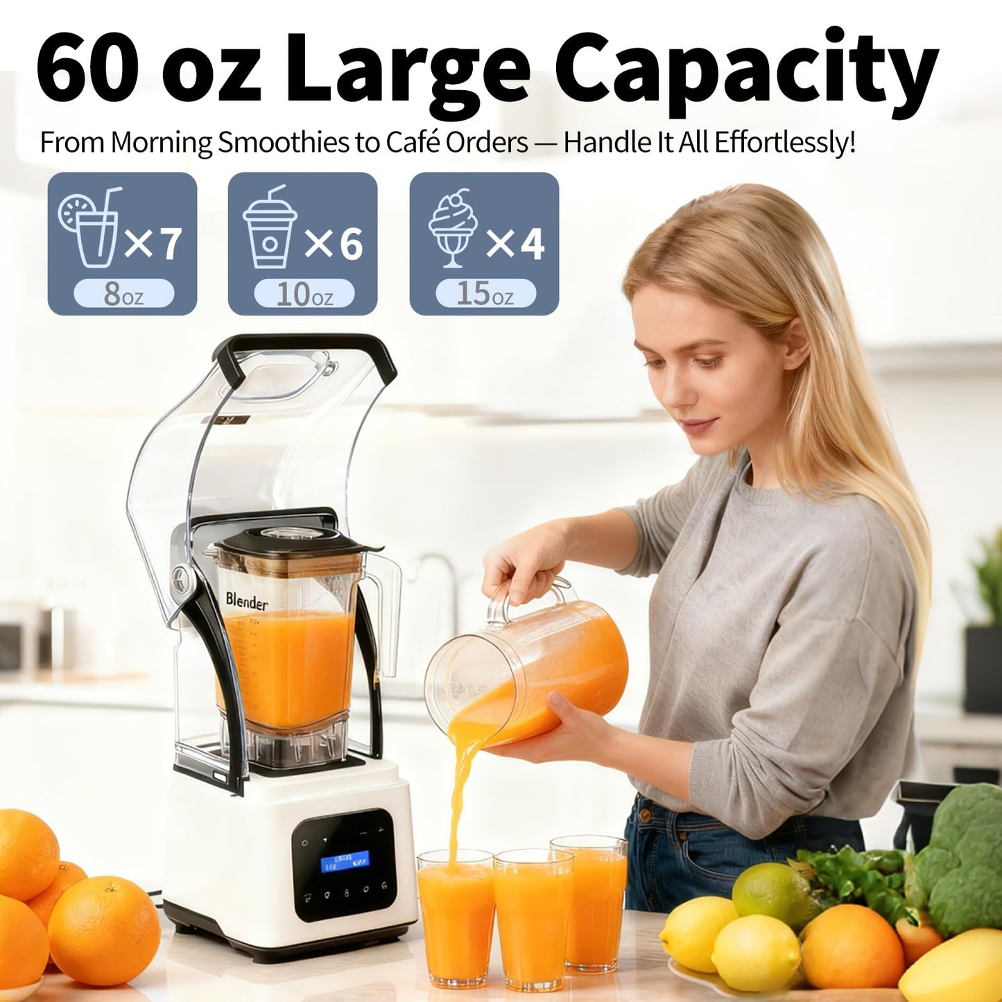 2200W commercial blender, 60oz pitcher, 9 speeds, timer, presets, quiet shield for smoothies and juices