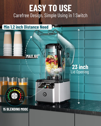 WantJoin 2200W commercial blender, sound enclosure, quiet, self-cleaning, silver