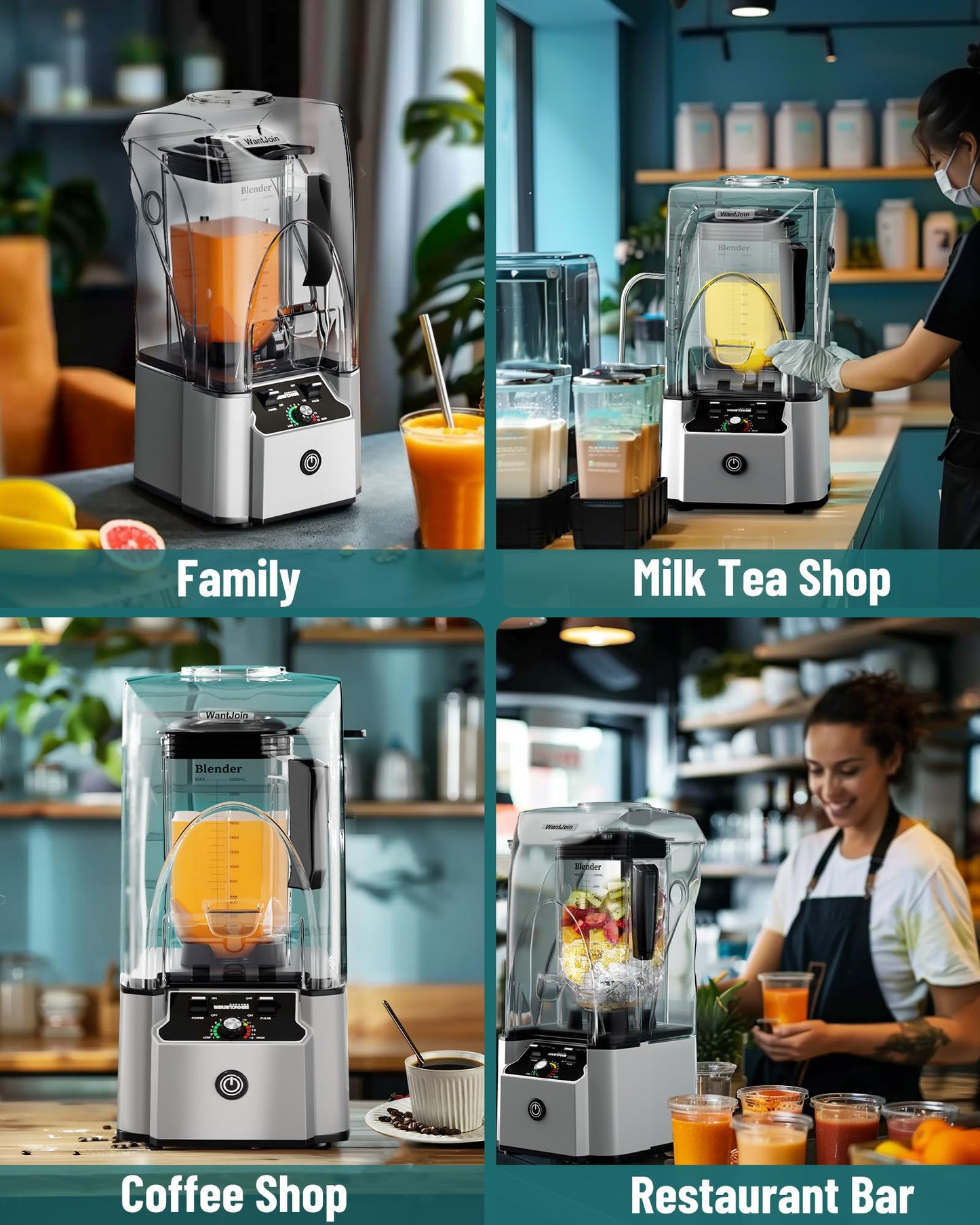 WantJoin 2200W commercial blender, sound enclosure, quiet, self-cleaning, silver