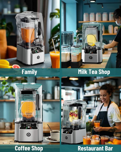WantJoin 2200W commercial blender, sound enclosure, quiet, self-cleaning, silver