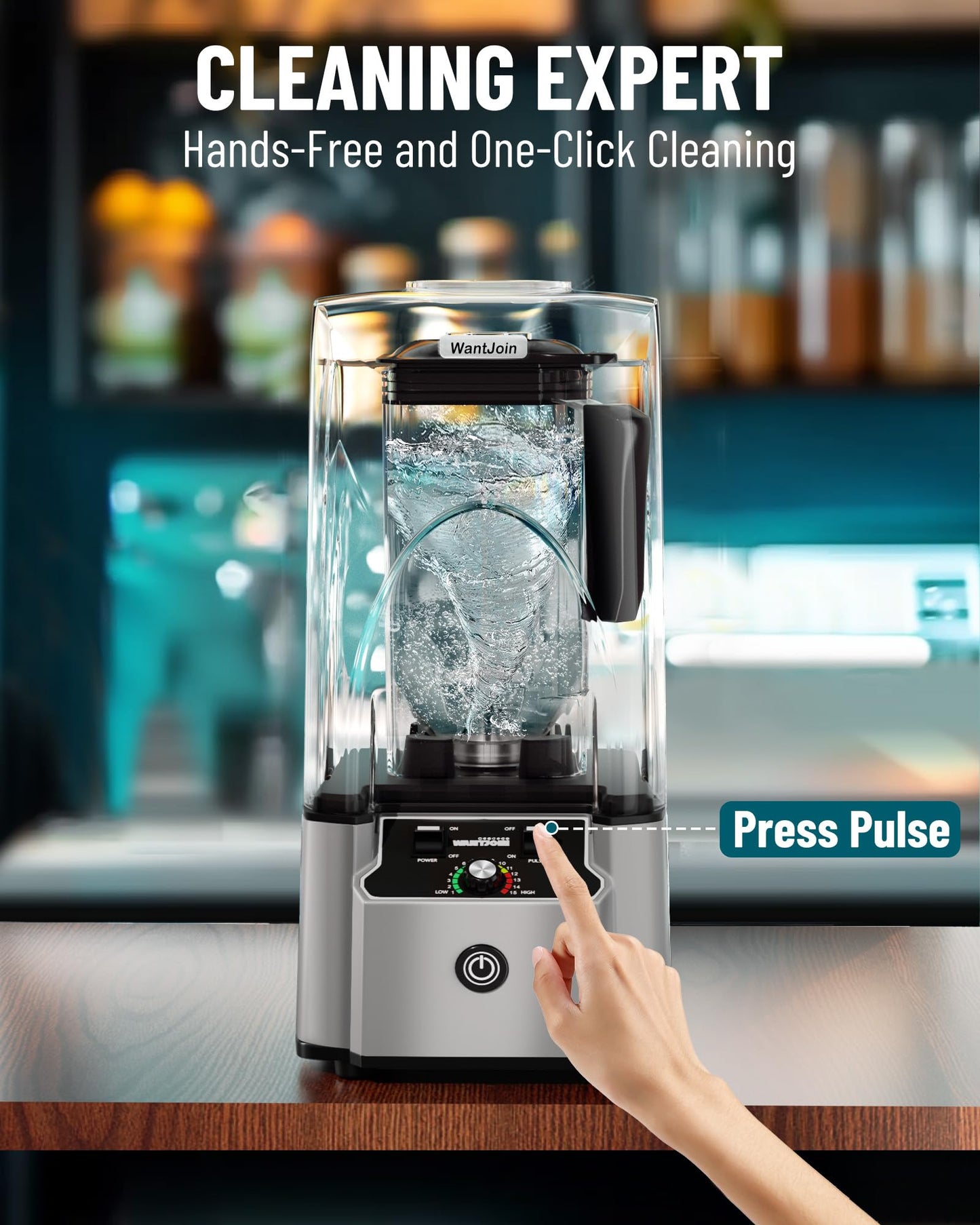 WantJoin 2200W commercial blender, sound enclosure, quiet, self-cleaning, silver