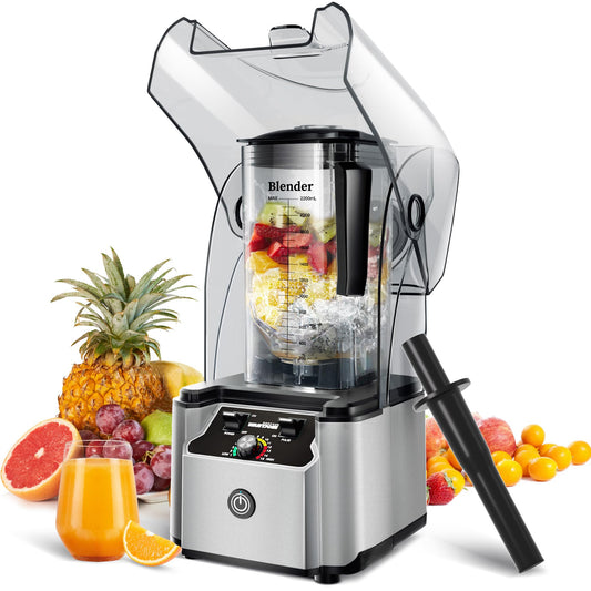 WantJoin 2200W commercial blender, sound enclosure, quiet, self-cleaning, silver