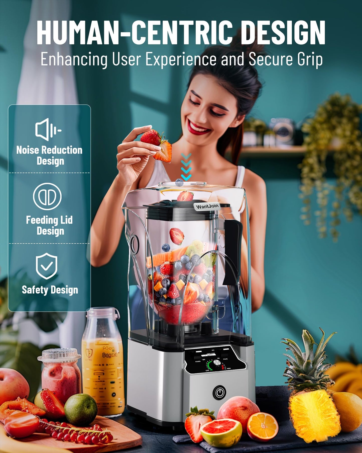 WantJoin 2200W commercial blender, sound enclosure, quiet, self-cleaning, silver