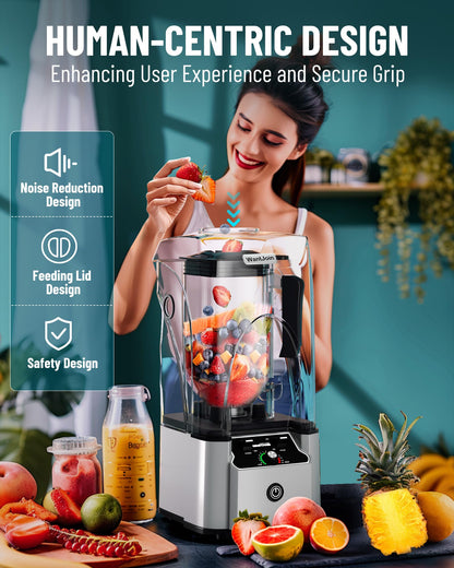 WantJoin 2200W commercial blender, sound enclosure, quiet, self-cleaning, silver