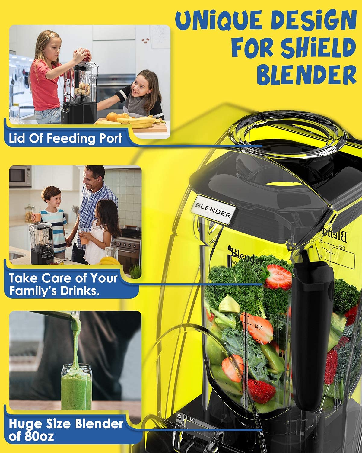 CRANDDI 2200W quiet blender, 80oz pitcher, soundproof shield, self-cleaning, K90 grey